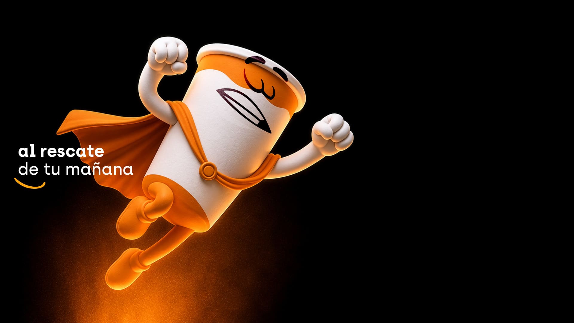 Mascota de Vencafesa, un vaso de café naranja y blanco con capa de superhéroe volando, junto al lema 